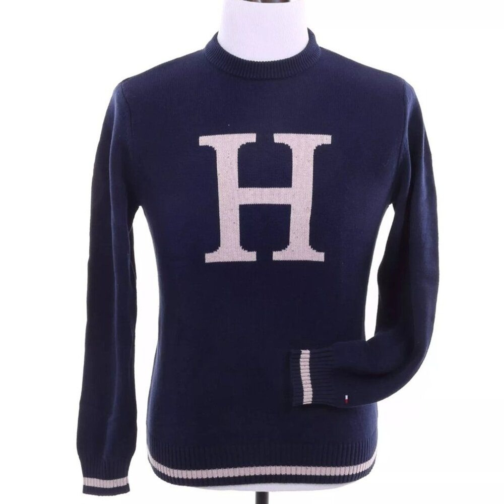 Tommy Hilfiger Men's XL Classic Crew Neck H Logo‎ Sweater Navy Beige Preppy Y2K